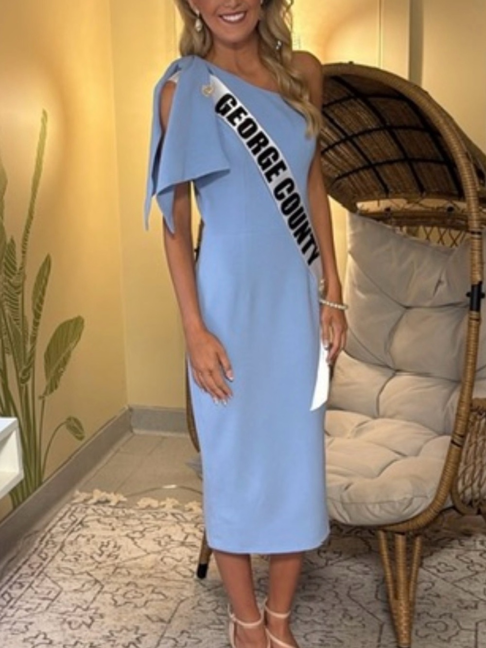 Dress the Population Pale Blue One-Shoulder Midi Dress